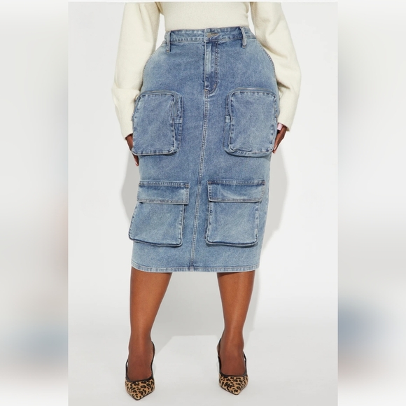 🔥New W/Tags! Cargo S T R E T C H fit Denim Midi Skirt In Medium Wash, Y2K, Sz L - Picture 5 of 8